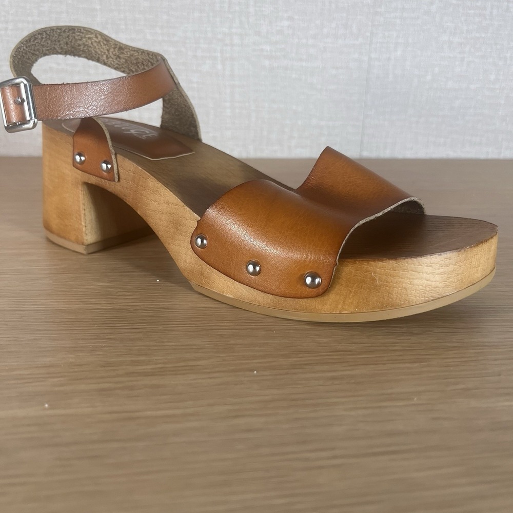 ROUGE  Faux Leather Wood Clog Sandals Womens 8.5 Brown Ankle Strap Boho Chic